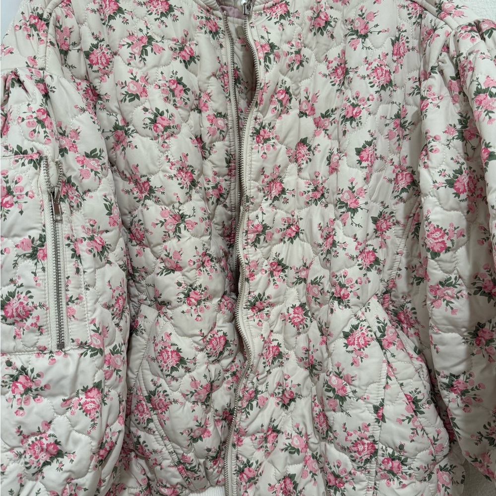 Quilted Floral Bomber Jacket - Pink on Cream - Picture 2 of 16